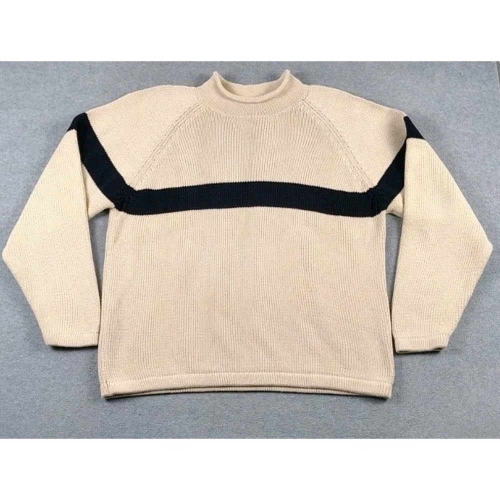 VTG Gap Chunky Knit Roll Neck Fisherman Sweater Cream Ivory Navy Stripe Mens XXL